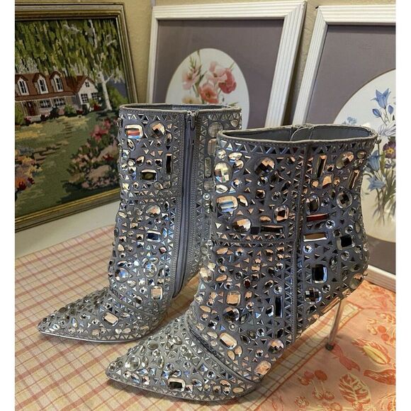Steve Madden Stiletto Crystalle Rhinestone Silver Ankle Boots Womens 11 Stunning - Picture 4 of 14